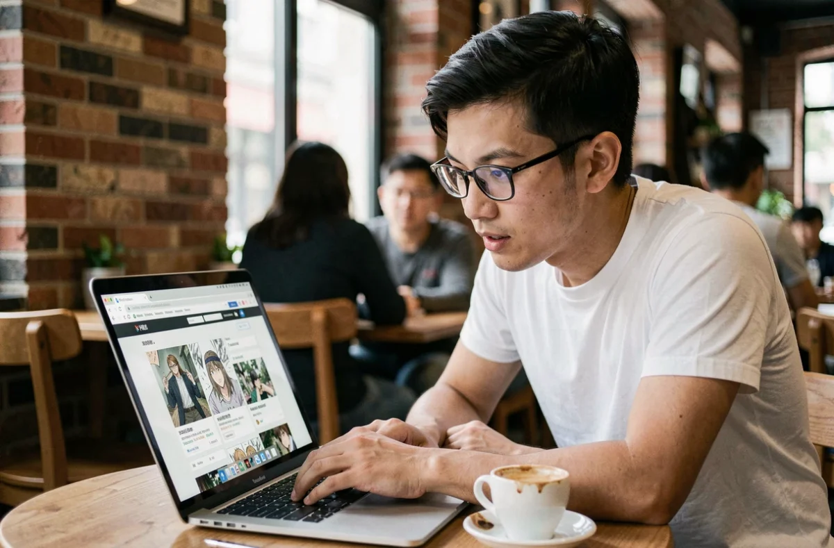 Jeune homme découvrant un site de lecture manga en ligne sur son ordinateur portable dans un café