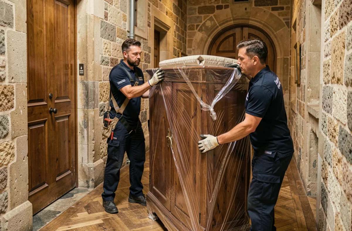 Déménageurs Demeco Gourdelier portant une armoire dans un immeuble en pierre normand