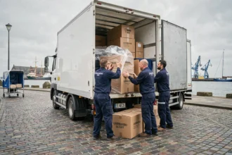 Équipe de déménageurs professionnels chargeant un camion dans une rue de Cherbourg-en-Cotentin