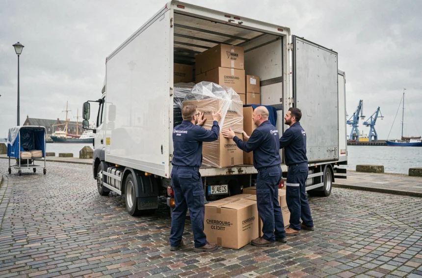 Équipe de déménageurs professionnels chargeant un camion dans une rue de Cherbourg-en-Cotentin