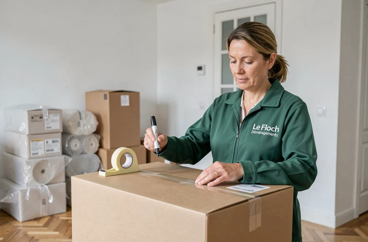 Déménageuse Le Floch emballant des cartons dans un appartement moderne à Cherbourg