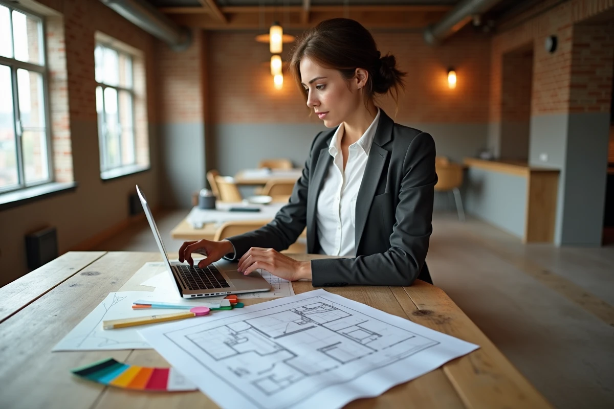 Jeune designer d interieur examinant plans de cuisine