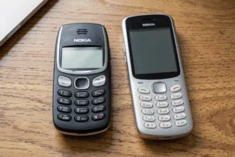 Deux Nokia 3310, l'ancien modèle et la réédition, posés sur un bureau en bois