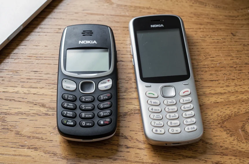 Deux Nokia 3310, l'ancien modèle et la réédition, posés sur un bureau en bois