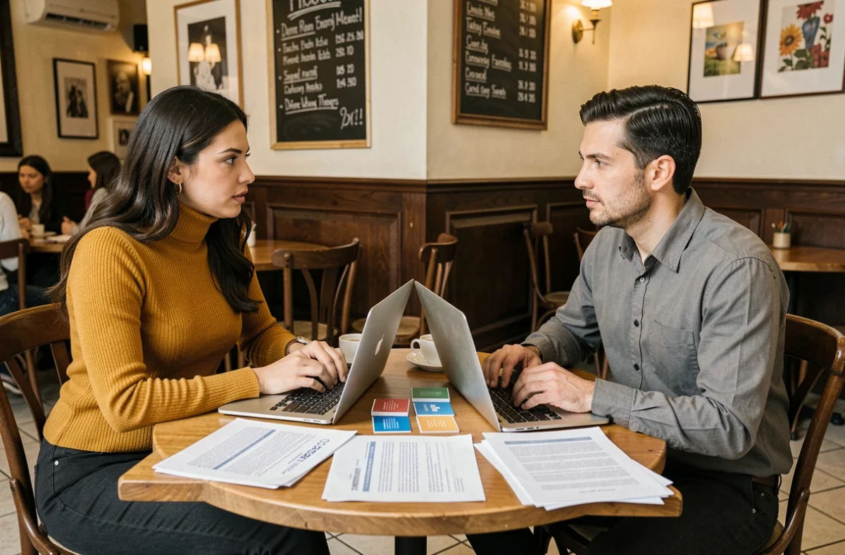 Deux professionnels créatifs discutant des options de statut freelance ou emploi artistique autour de documents dans un café urbain