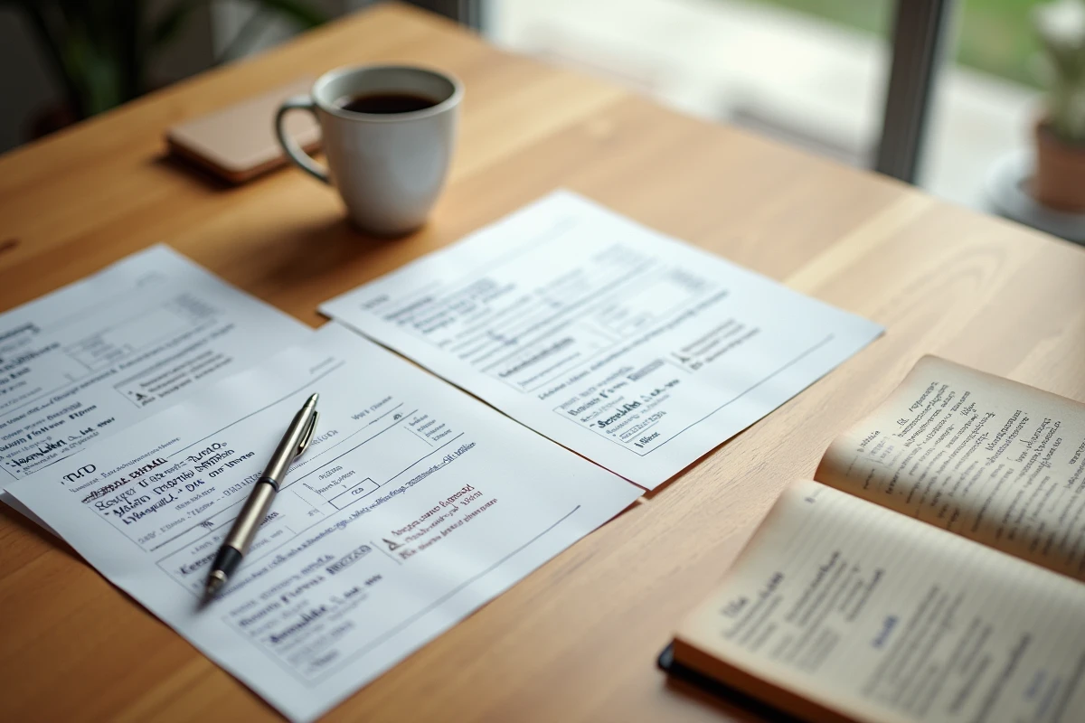 Vue aérienne d'une table avec des documents imprimés contenant des informations personnelles floutées, un cahier et une tasse de café, évoquant la problématique des annuaires inversés et de la confidentialité des données