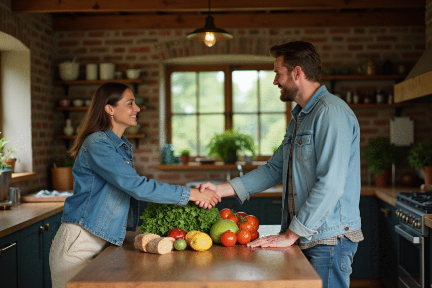 Femme et jeune homme échangent des légumes dans une cuisine rurale