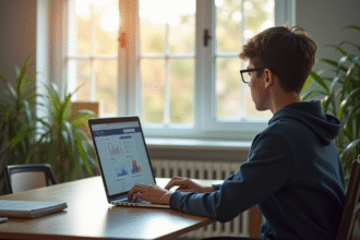 Étudiant au bureau lumineux utilisant un ordinateur pour l'éducation