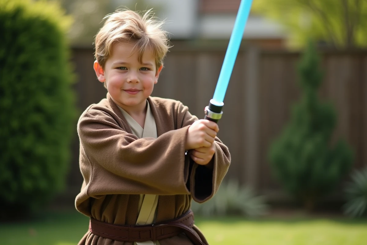 Jeune garçon déguisé en Jedi de Star Wars avec sabre laser dans un jardin, personnage préféré des enfants