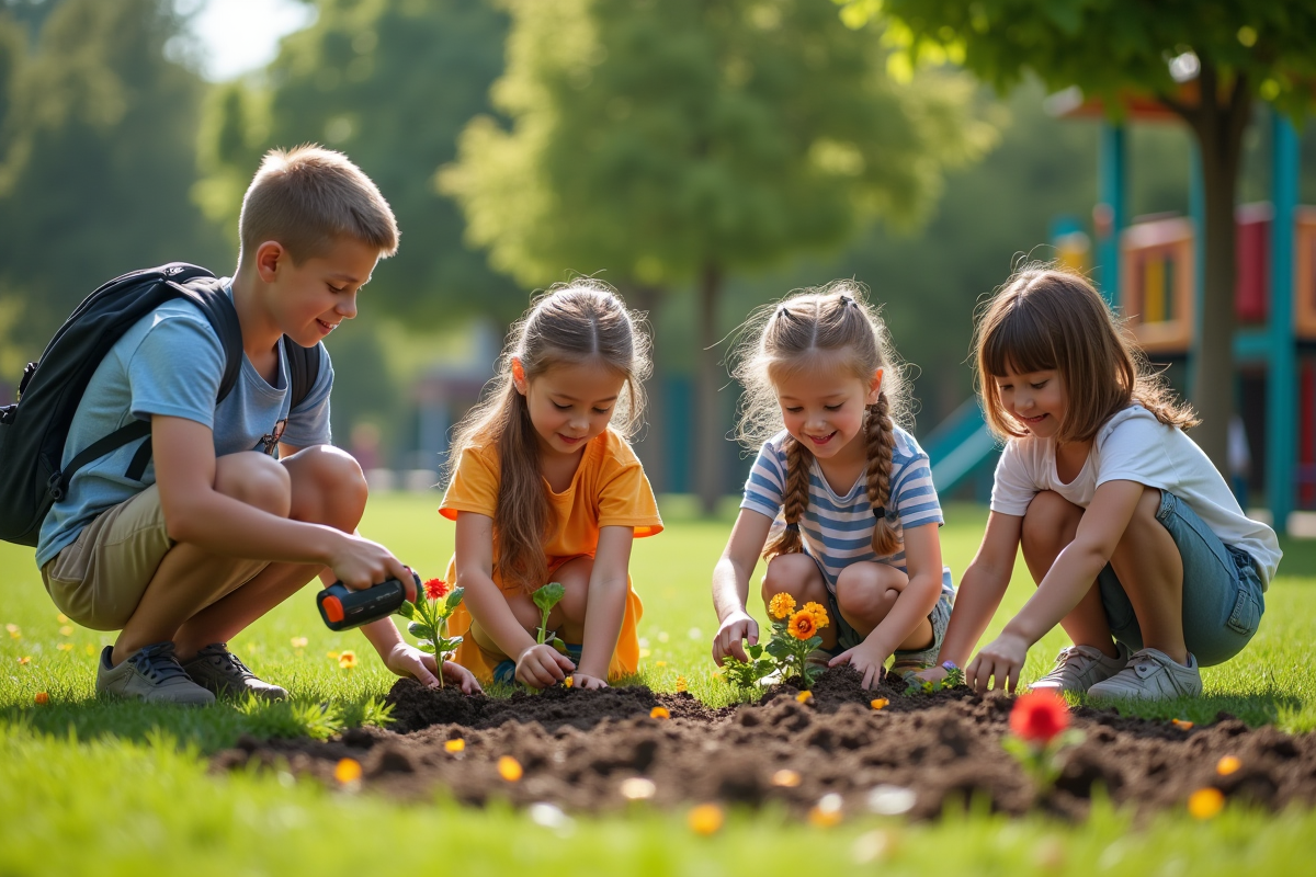 Enfants plantant des fleurs dans un parc ensoleille