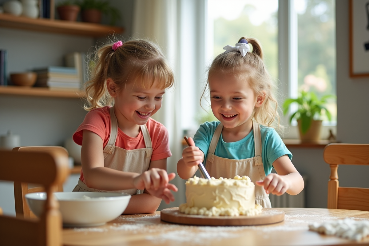 Deux enfants mélangeant la pâte à gâteau à la table
