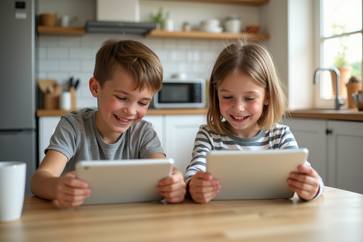 Deux enfants souriants utilisant des tablettes à la cuisine