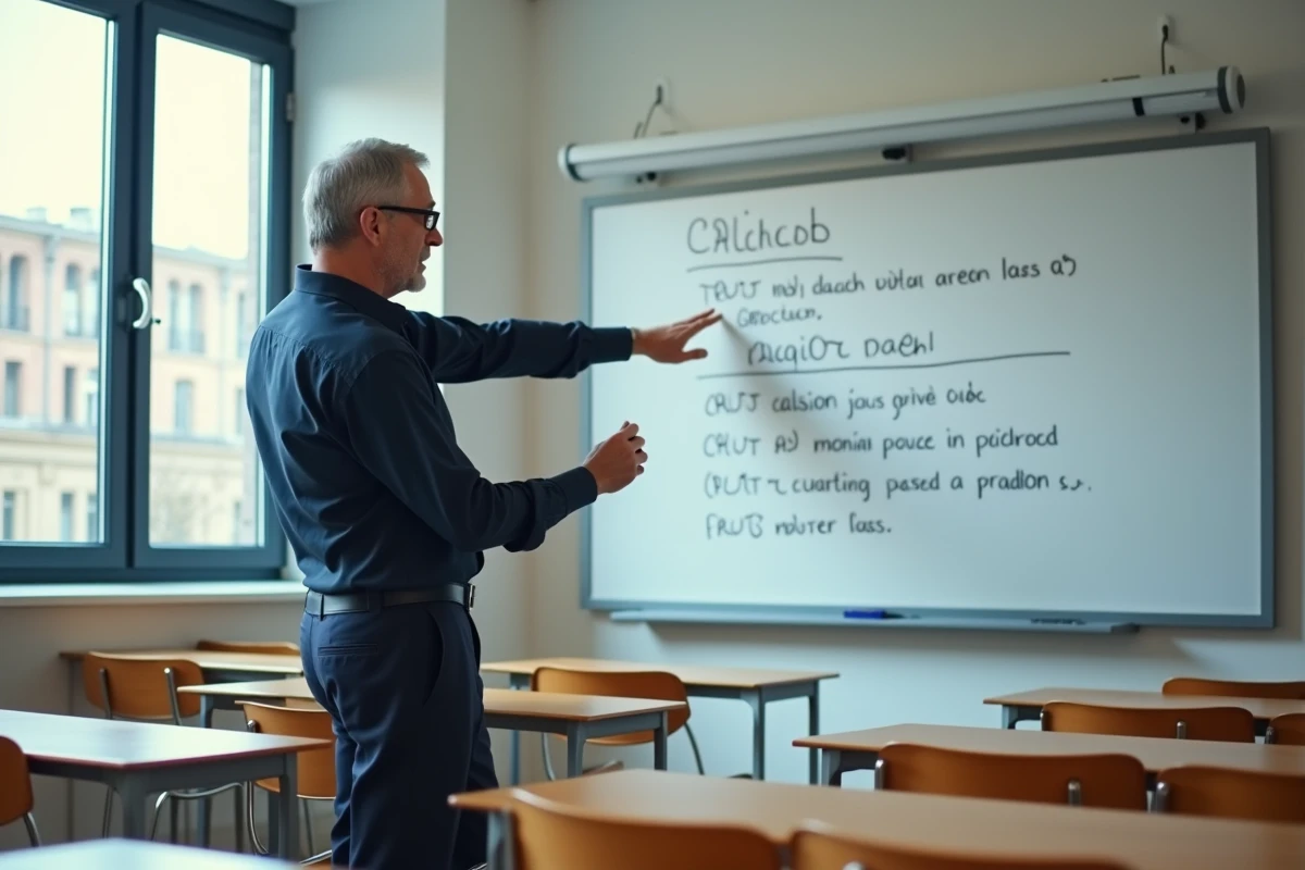 Enseignant de français devant un tableau blanc présentant les nouvelles règles orthographiques du français moderne à ses élèves