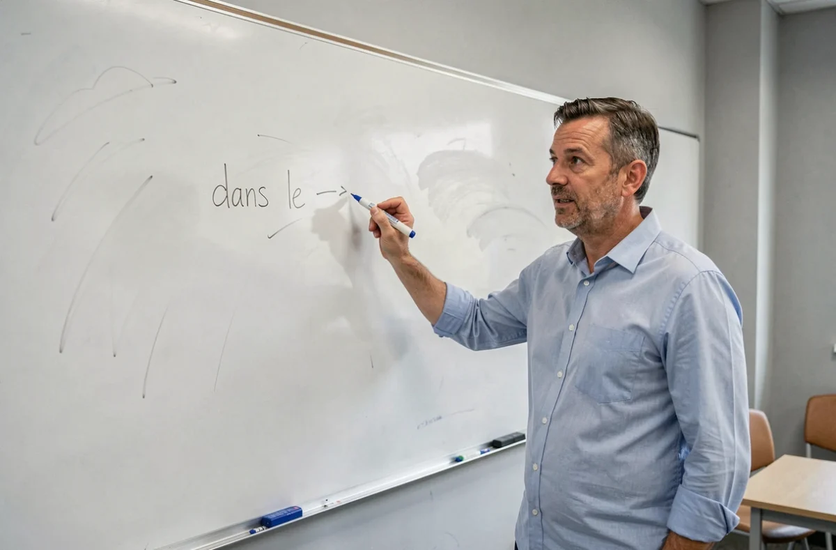 Enseignant expliquant une règle de grammaire française au tableau blanc dans une salle de classe, montrant la contraction grammaticale