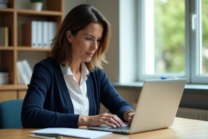 Enseignante en bureau moderne utilisant un ordinateur