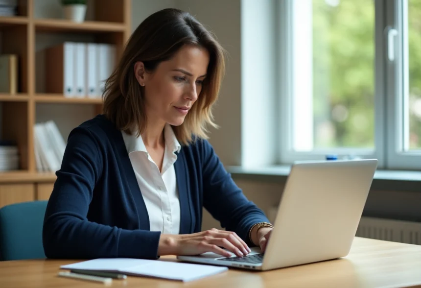 Enseignante en bureau moderne utilisant un ordinateur