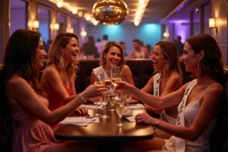 Groupe d'amies en tenue élégante fêtant un enterrement de vie de jeune fille dans une discothèque à Perpignan