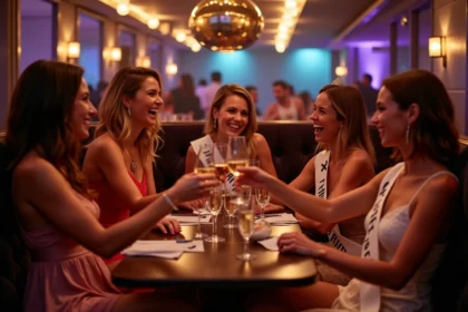 Groupe d'amies en tenue élégante fêtant un enterrement de vie de jeune fille dans une discothèque à Perpignan