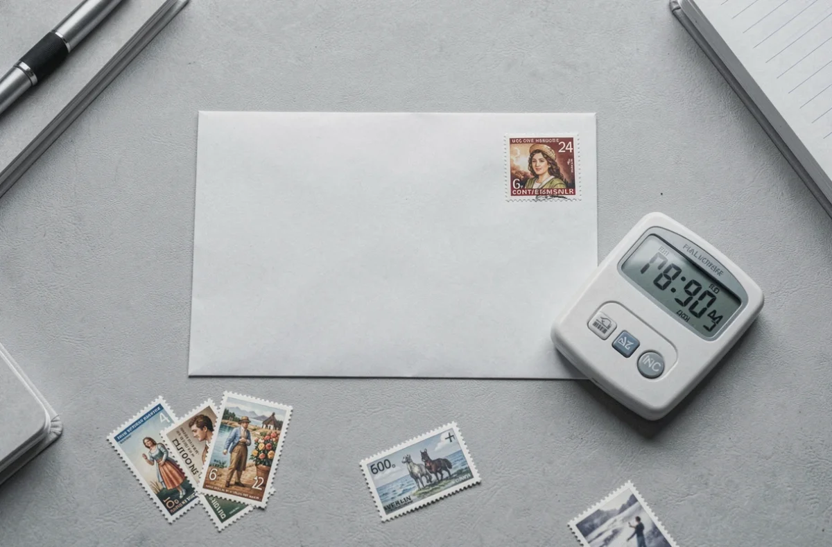 Vue de dessus d'une enveloppe avec un timbre, une balance postale et des timbres supplémentaires pour vérifier le bon affranchissement