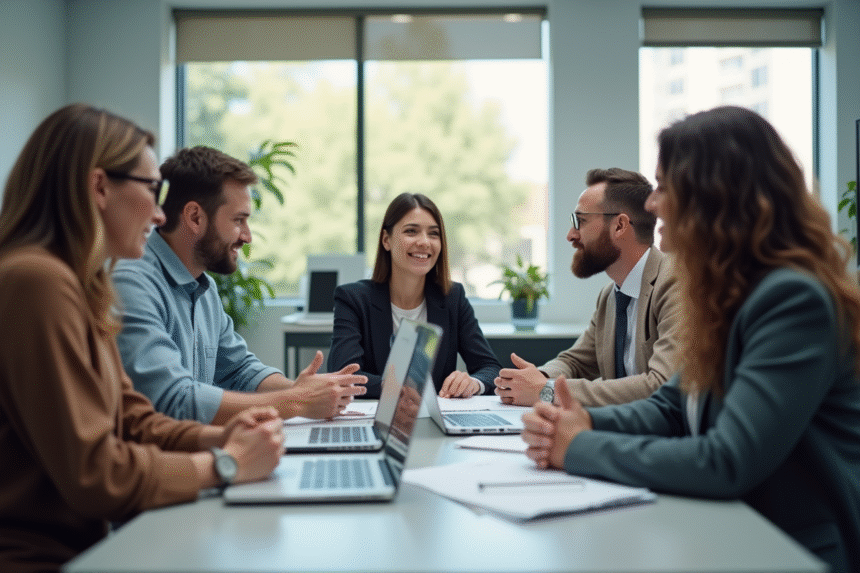 Équipe diversifiée collaborant dans un bureau lumineux
