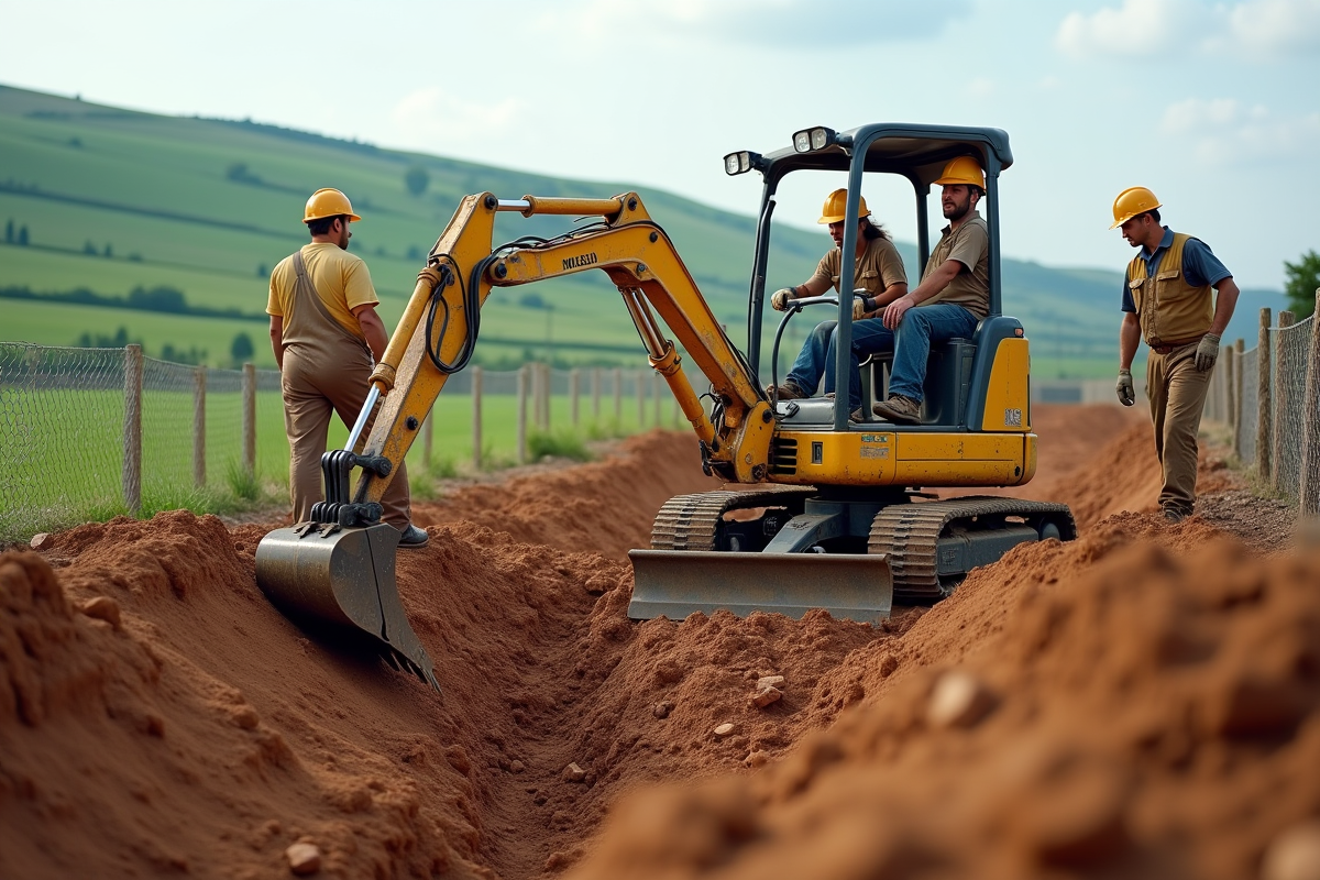Travailleurs utilisant une mini-pelle pour creuser