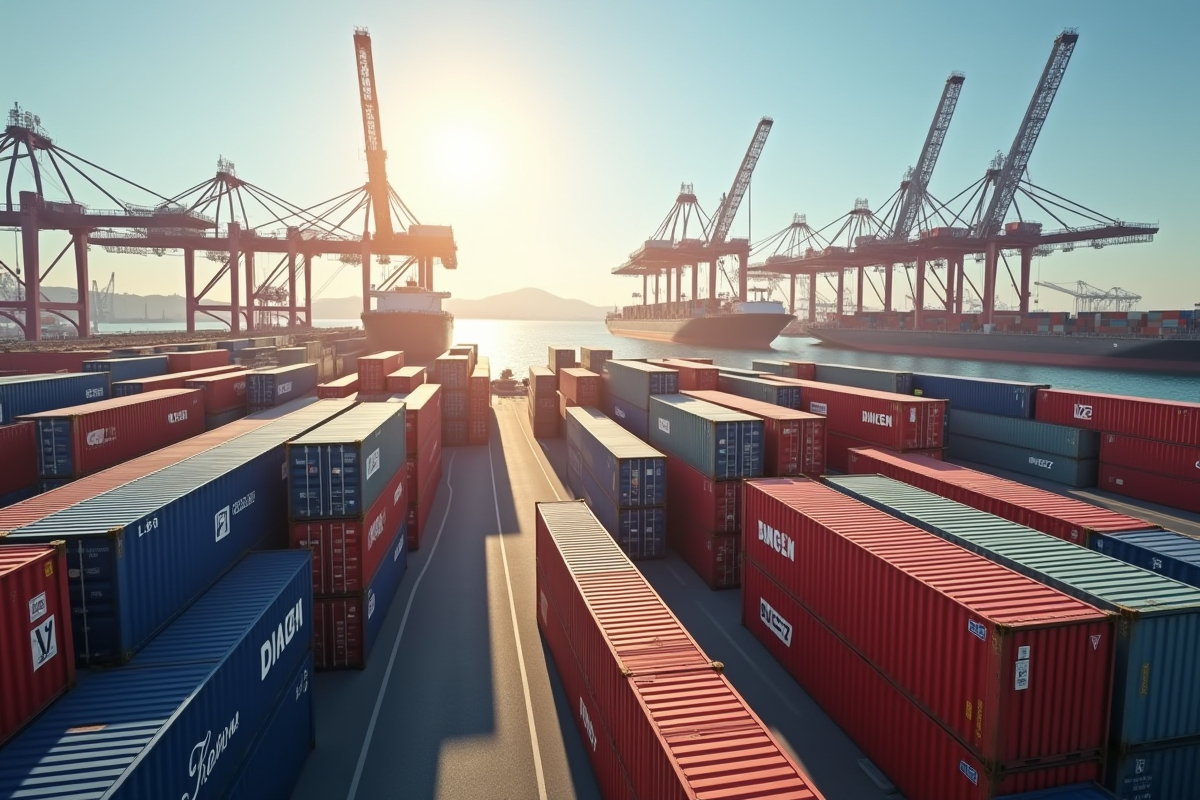 Expédition internationale de vêtements avec containers et grues au port