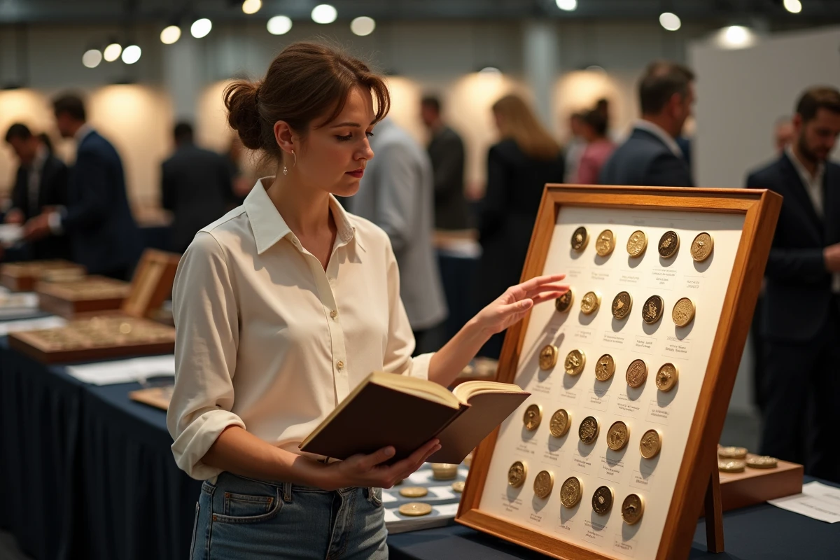 Experte en plaques de muselet présentant une collection encadrée de capsules de champagne rares lors d'un salon de collection numismatique