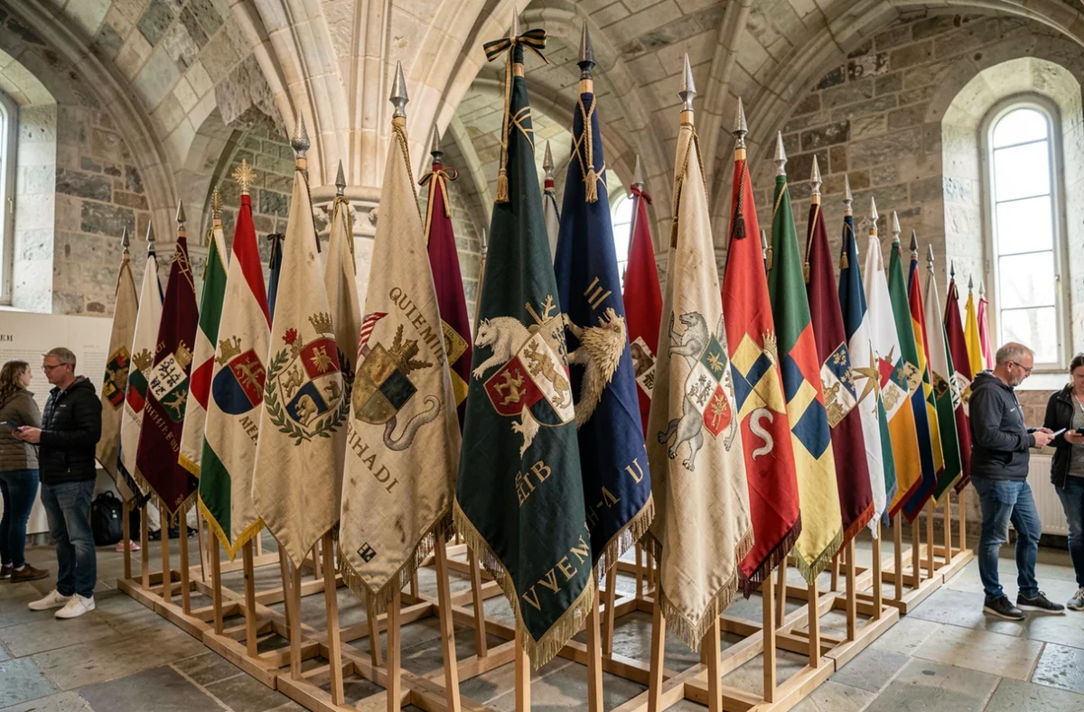 Exposition de drapeaux bretons historiques dont le Gwenn-ha-du dans une salle en pierre de Bretagne