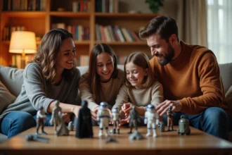 Famille découvrant ensemble des personnages Star Wars en famille autour d'une table basse avec des figurines emblématiques