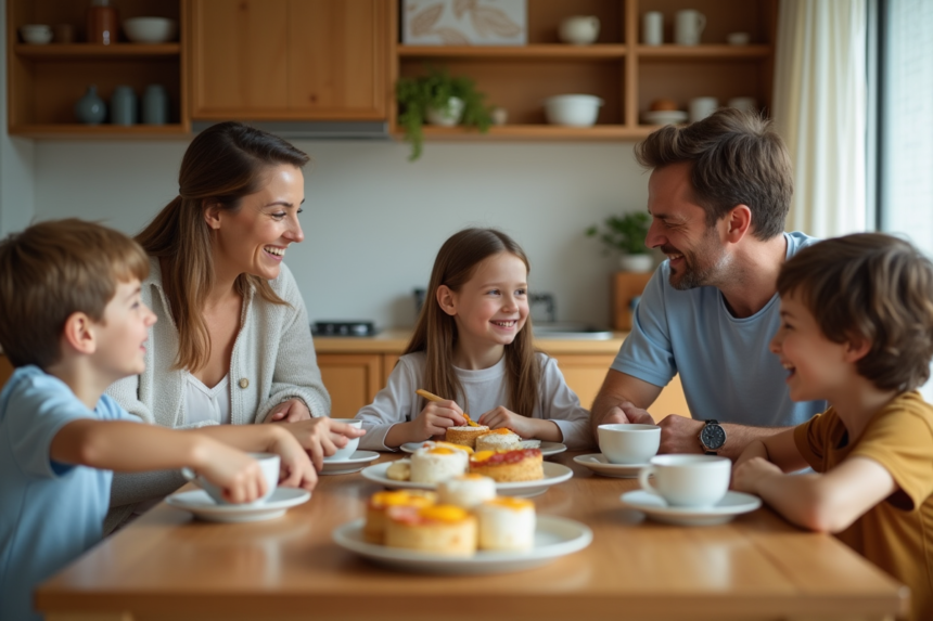 Famille moderne partageant le petit déjeuner dans la cuisine