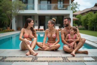 Famille souriante au bord de la piscine en vacances