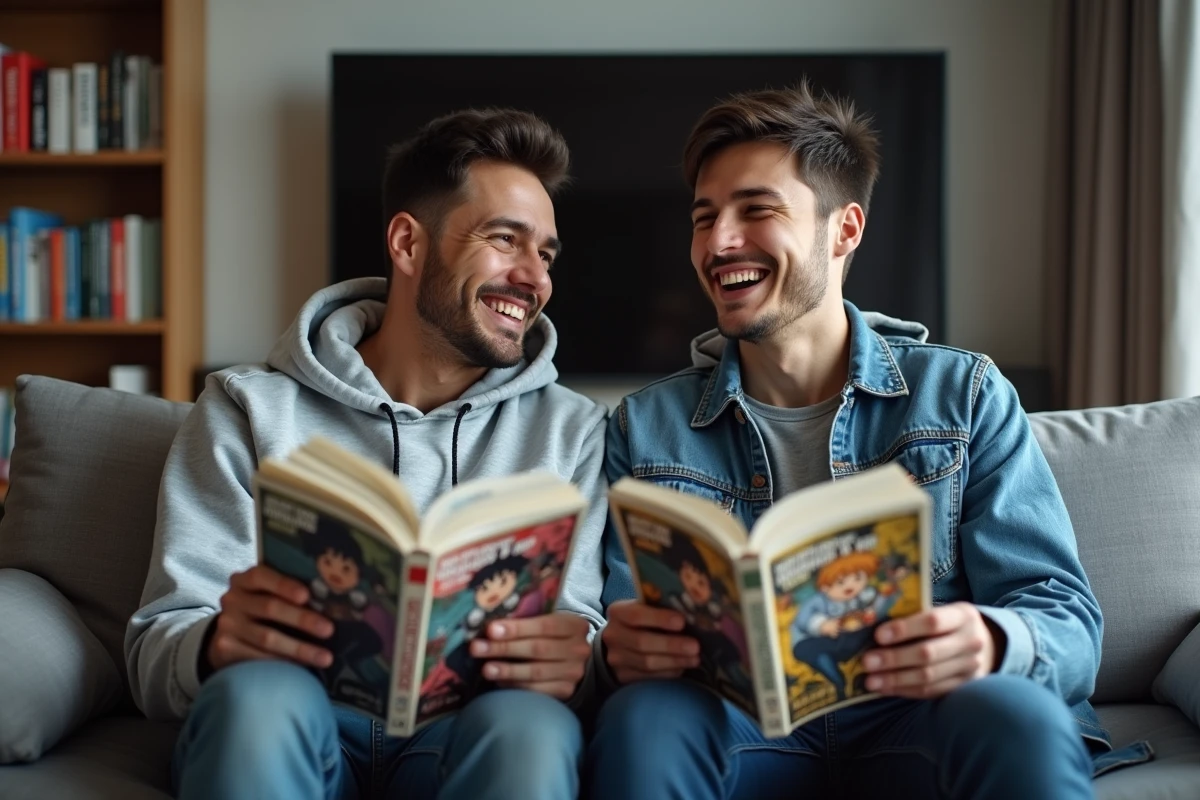 Deux amis adultes discutant passionnément de Hunter x Hunter en tenant des volumes de manga ouverts sur un canapé