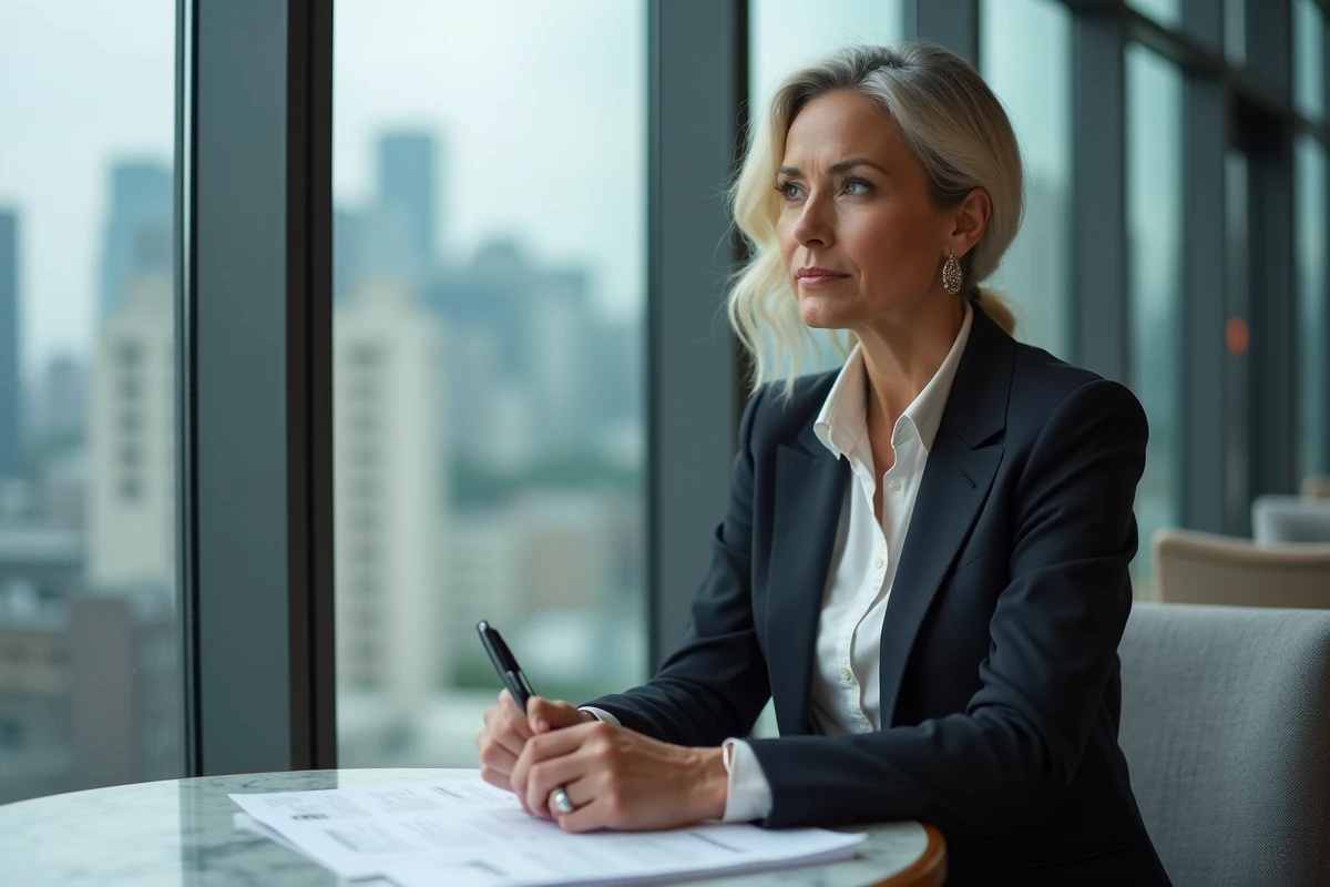 Femme d affaires concentrée dans un lounge moderne avec vue urbaine