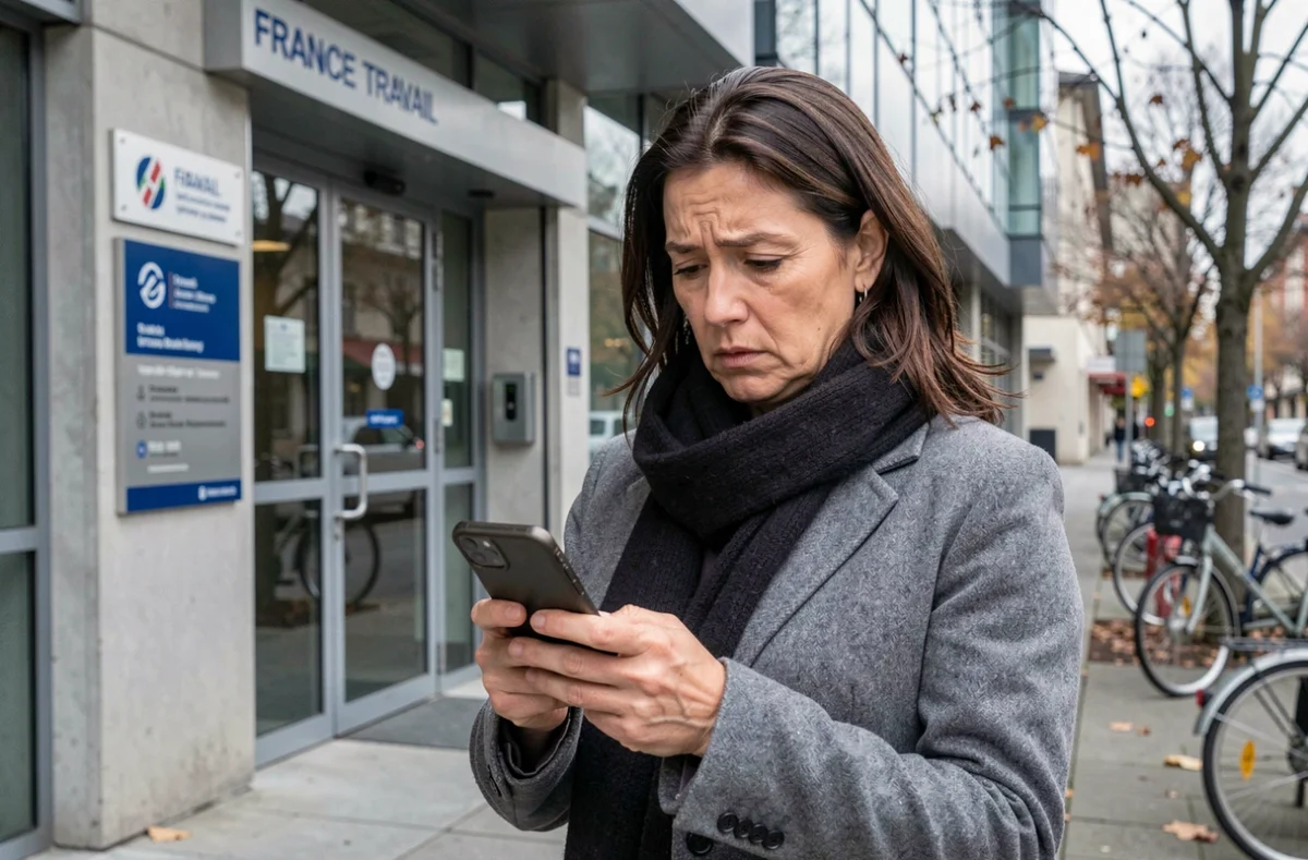 Femme devant une agence France Travail consultant son téléphone avec inquiétude