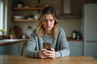 Femme regardant un appel masqué sur son smartphone avec une expression perplexe