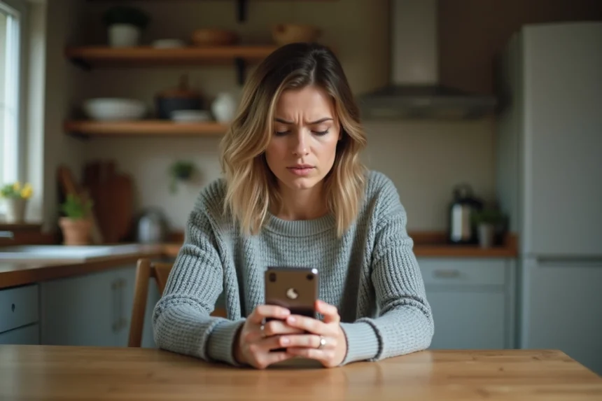 Femme regardant un appel masqué sur son smartphone avec une expression perplexe