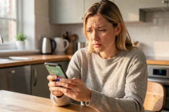 Femme inquiète regardant un numéro de téléphone inconnu sur son smartphone dans une cuisine moderne