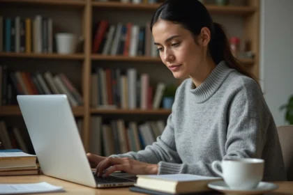 Femme consultant une bibliothèque numérique légale sur son ordinateur portable, alternative légale aux scans en ligne