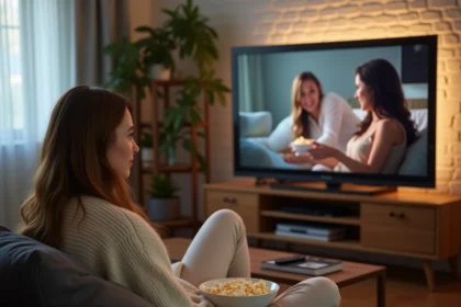 Jeune femme en pull confortable regardant une série espagnole sur son canapé gris lors d'un binge-watching le week-end