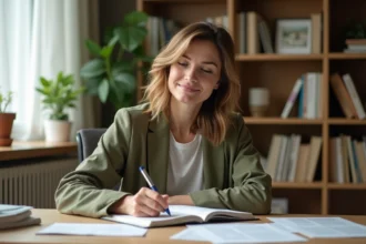 Femme écrivant dans un carnet avec un stylo plume, entourée de dictionnaires français et de documents sur les évolutions orthographiques en 2026