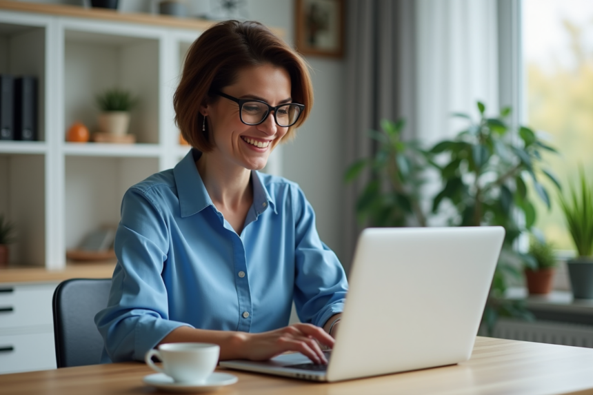Femme d'âge moyen utilisant un ordinateur portable dans un bureau moderne