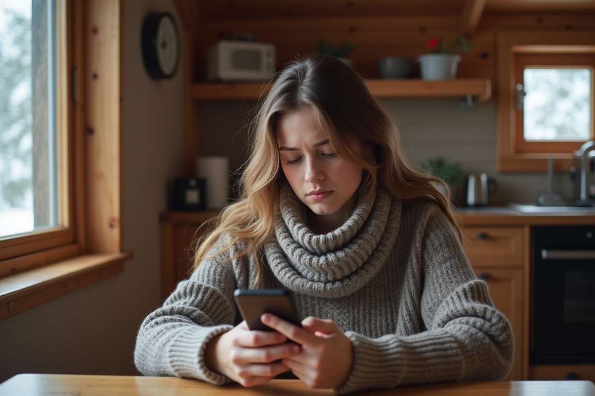 Jeune femme dans une cabane de montagne regardant son téléphone