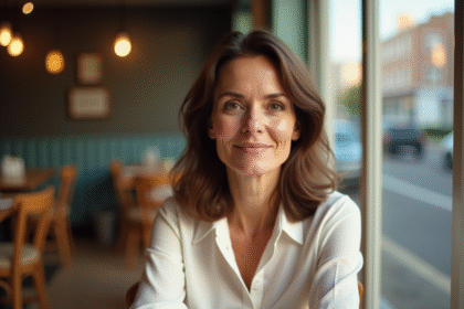 Femme assise au café avec maquillage naturel