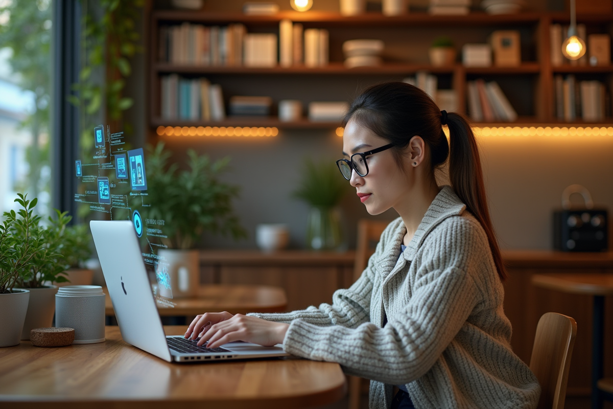 Femme utilisant un ordinateur portable dans un café avec interfaces holographiques