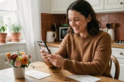 Femme consultant un calendrier de fêtes sur smartphone dans une cuisine française chaleureuse