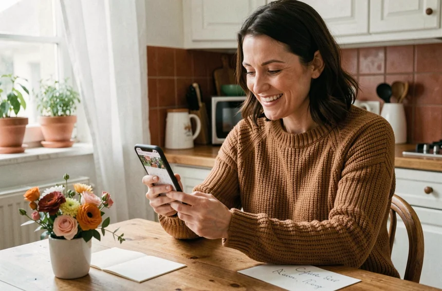 Femme consultant un calendrier de fêtes sur smartphone dans une cuisine française chaleureuse