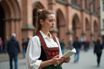 Femme en costume alsacien apprenant les paroles de La Strasbourgeoise devant la cathédrale de Strasbourg