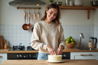 Femme souriante décorant un gâteau maison dans la cuisine