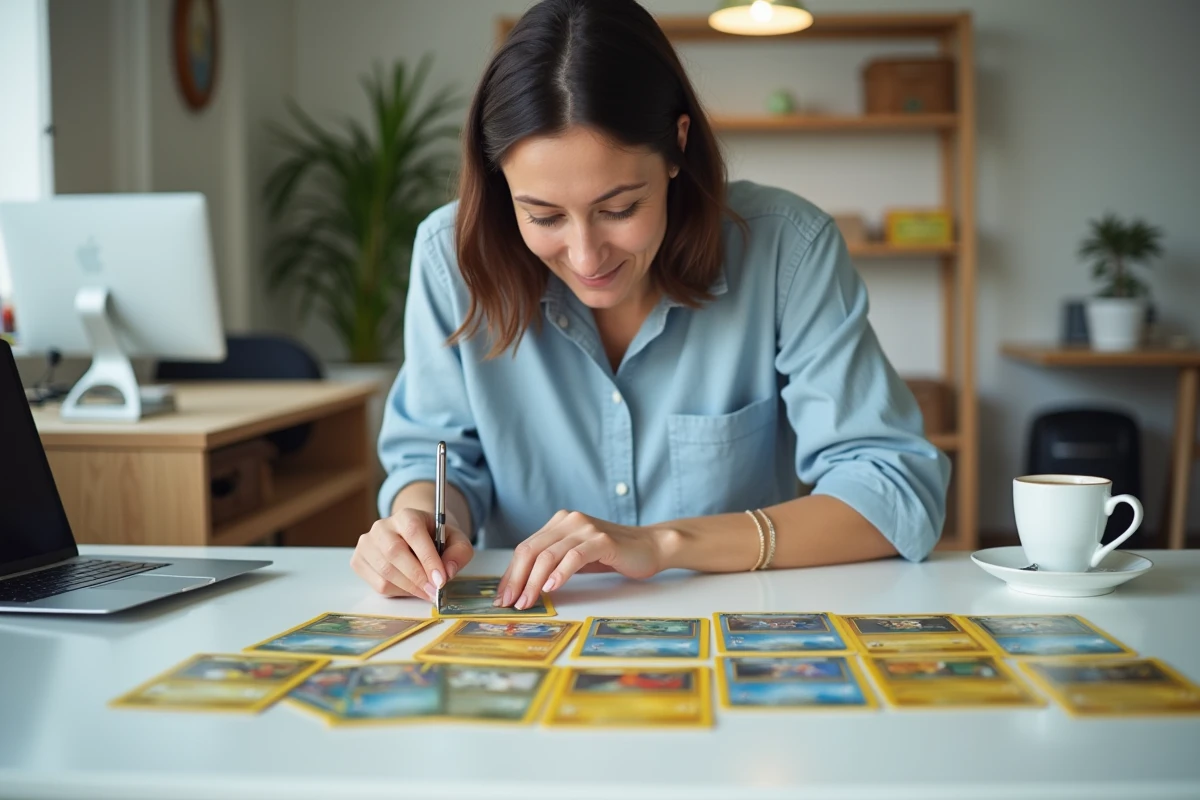 Une femme découvre et trie une collection de cartes Pokémon étalées sur un bureau blanc à domicile, l'air surprise par sa trouvaille