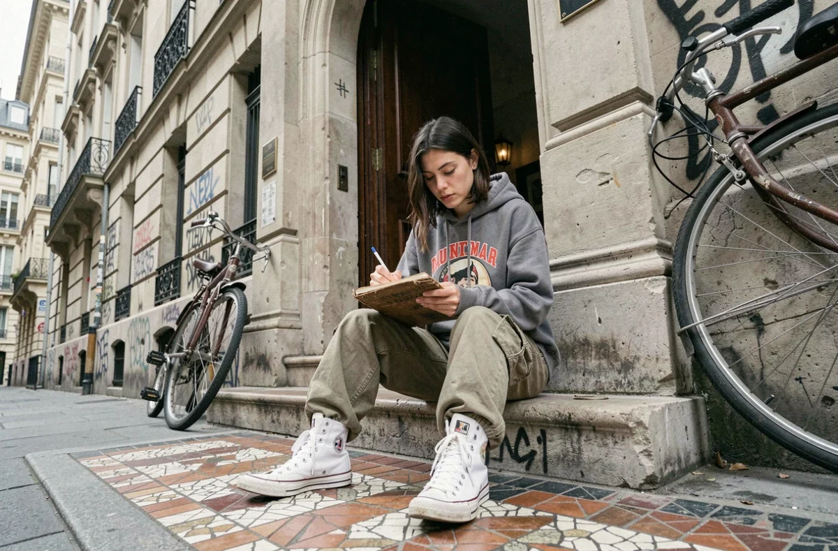 Jeune femme dessinant sur les marches d'un immeuble haussmannien dans un faubourg parisien, culture urbaine et patrimoine